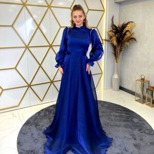 Royal blue prom long sleeves dress with jewels